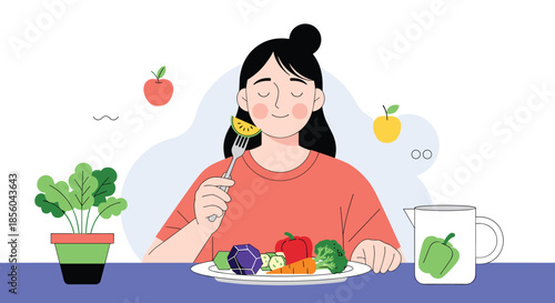 Young woman happily eating a nutritious salad with fresh vegetables to maintain a healthy and balanced vegetarian lifestyle.