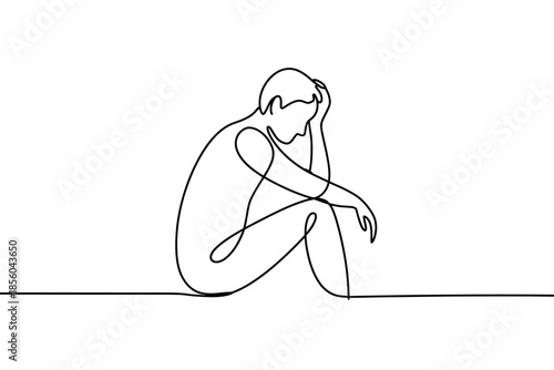 A single line drawing depicts a person sitting in a pensive or troubled pose, with one hand on their head.