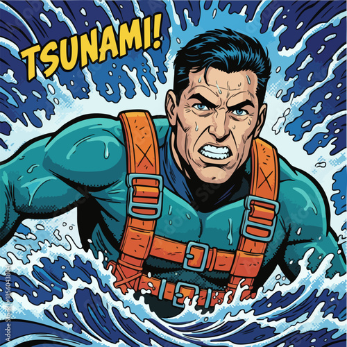 Retro Comic Illustration of Man Struggling Against Tsunami Wave