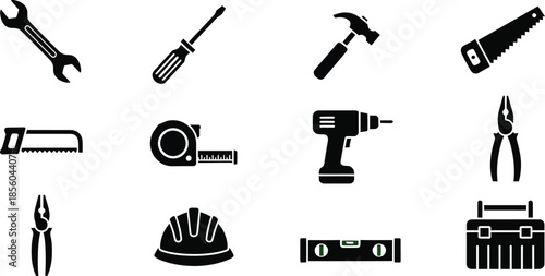 Black and white illustration of various hand tools