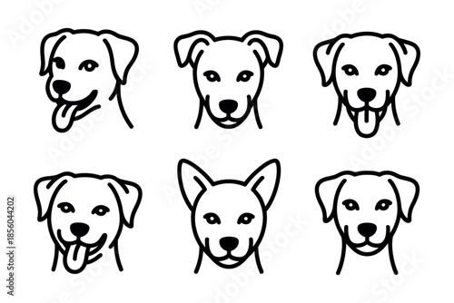 A collection of six simple, line-art illustrations of dog heads, each with a slightly different expression and ear position, presented against a white background.