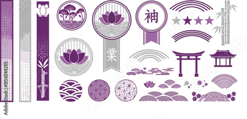 Japanese cultural elements, purple gray vector set, Torii gate, lotus emblem, wave pattern, kanji symbols, flat vector illustration