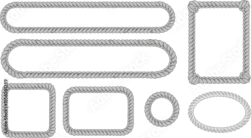 Rope frame design set, nautical border shapes, twisted loop styles, decorative vector outline elements, flat vector illustration