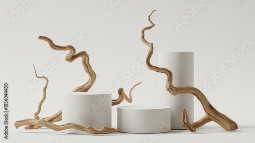 Minimalist scene with organic driftwood branches and white cylindrical podiums on a white background