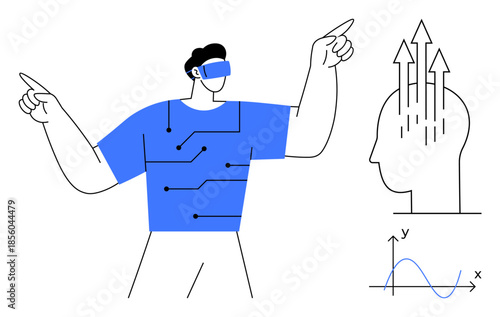 Virtual reality concept. Virtual reality headset interacting with futuristic technology and digital growth. Virtual reality in innovation, tech development, learning, gaming, and simulation