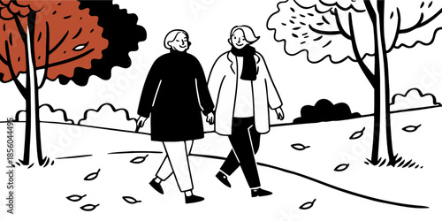 Senior Couple Walking Hand-in-Hand in Park During Autumn