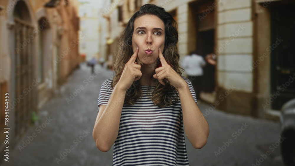 Fototapeta premium Woman pointing finger to cheeks against a sunlit old town street with curious expression; playful mischief.