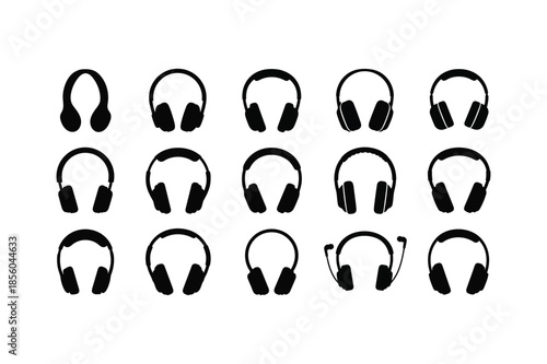 Headphone Silhouette Icons Set Modern Audio Equipment Symbols for Music and Gaming 