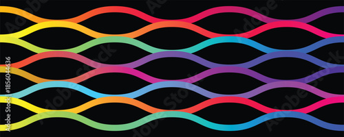 Abstract Colorful Gradient Wavy Lines on Black Background, Modern Flowing Wave Pattern