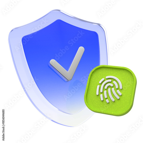 3D shield with checkmark and fingerprint icon, biometric security and identity verification