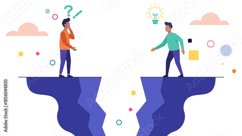 Two People Facing a Gap Representing Challenge Connection and Problem Solving