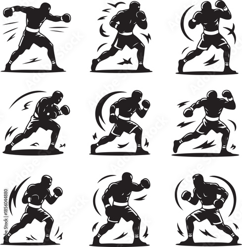 Dynamic boxing poses with powerful punches and movements