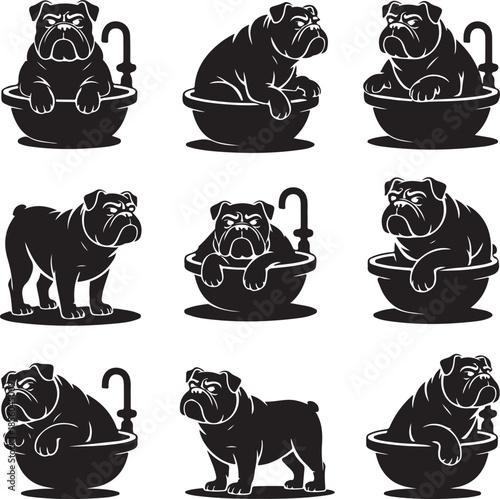 Cute bulldog illustrations in various funny sink poses isolated