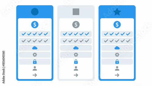 Three pricing or feature comparison cards with icons representing different service tiers and benefits, illustrating subscription plans, web design comparison templates