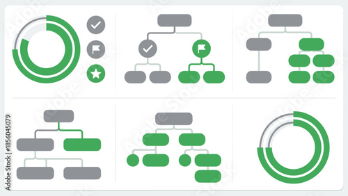 Circular progress indicators and organizational charts with green and gray elements, illustrating data visualization and hierarchical structures