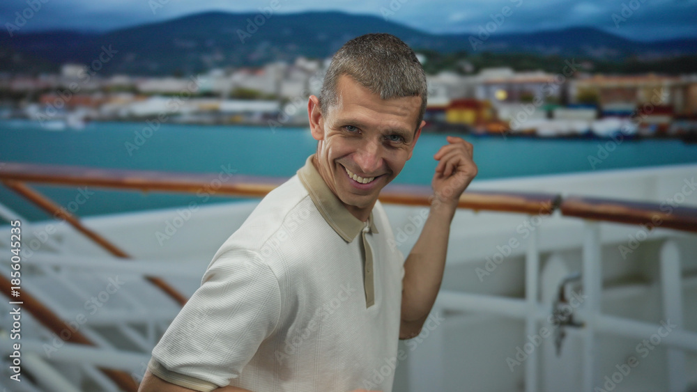 Fototapeta premium Man smiling and posing playfully as if playing guitar on a cruise ship with a coastal city view in the background, capturing a fun outdoor moment on the sea.