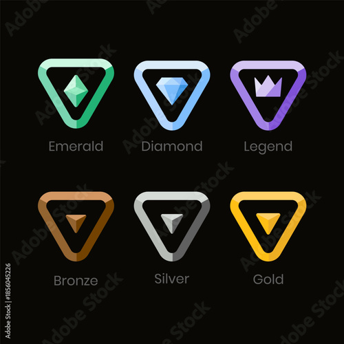 Achievement rank badge icon set with gold, silver, bronze, diamond, emerald and legend levels. Minimal geometric design for leaderboards, games, UI/UX, apps, web interfaces and ranking systems.