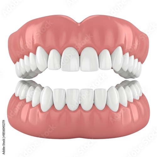 Realistic 3d model of full upper and lower dentures with white teeth