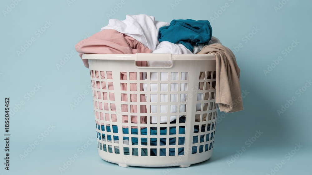 Fototapeta premium Full laundry basket with dirty clothes isolated on blue background