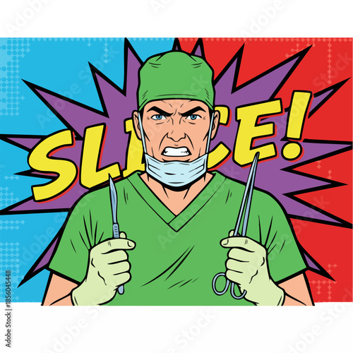 Aggressive comic surgeon holding surgical tools ready to slice.