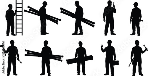 Construction worker silhouette set showing builders with tools, ladders, pipes and equipment, industrial labor poses collection, flat vector illustration