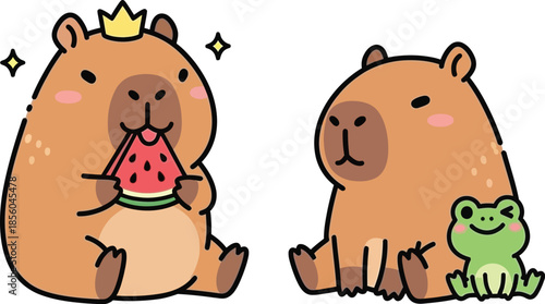Cute capybaras enjoying watermelon and friendly frog companionship