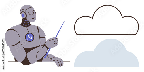 Robot labeled AI pointing to cloud outlines representing data storage or computing. Ideal for AI, cloud computing, technology, innovation, education, presentations, and futuristic concepts. Flat