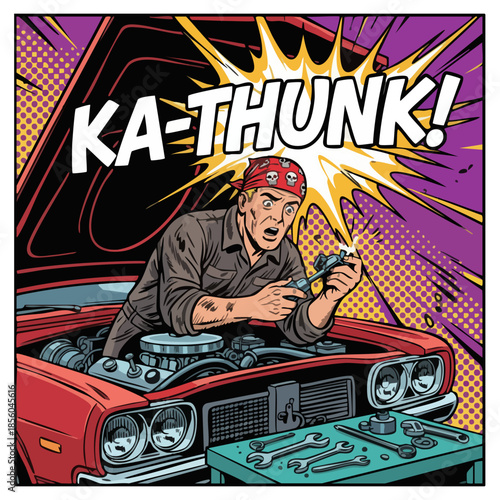 Retro comic style illustration of a surprised mechanic fixing a car.