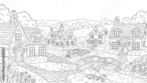 Charming Village Line Art Illustration for Coloring Book with Houses, Bridges, and Stream