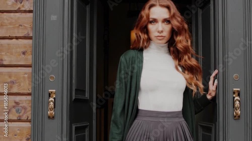 Fashionable woman with long red hair wearing a white turtleneck and dark pleated skirt steps out of a doorway suggesting arrival or departure during travel or a sophisticated outing