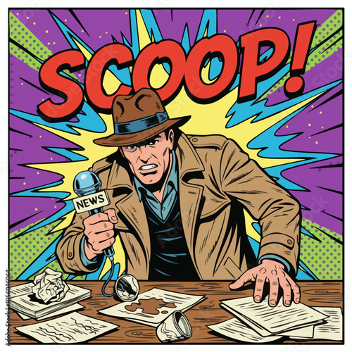 Vintage Reporter Yelling Scoop Breaking News Pop Art Illustration