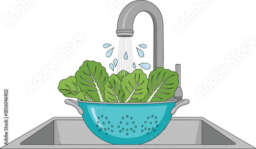 Fresh green lettuce leaves being washed in colander under running kitchen faucet, healthy food preparation, clean vegetables, flat vector illustration