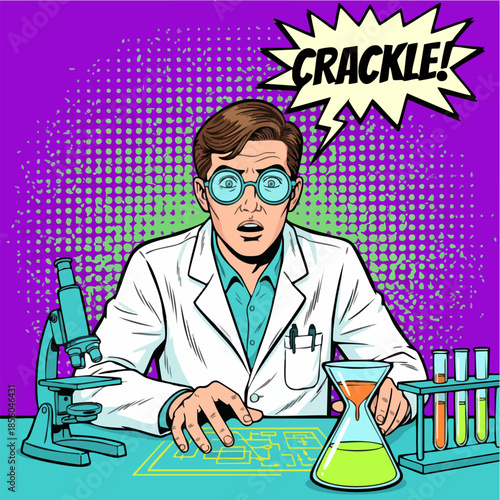 Pop Art Scientist Shocked by Experiment Results in Laboratory.