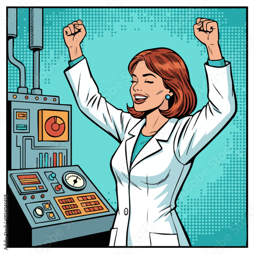 Triumphant female scientist celebrating success in a research lab