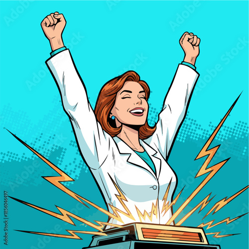 Triumphant female scientist raises arms in success.