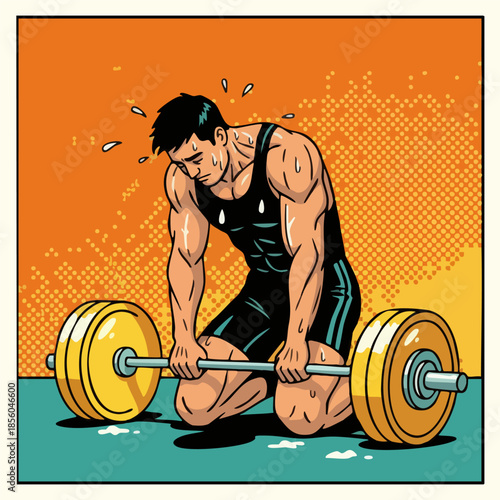 Exhausted male athlete training with heavy barbell illustration.