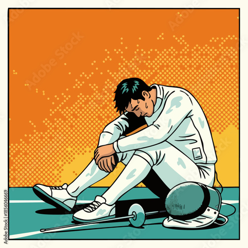 Exhausted young sportsman resting after hard training or game.