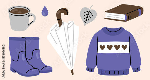 Cozy autumn flat vector illustration set with sweater, rubber boots, umbrella, coffee mug, book and leaves. Warm fall hygge elements for seasonal designs, cards, prints and lifestyle graphics.