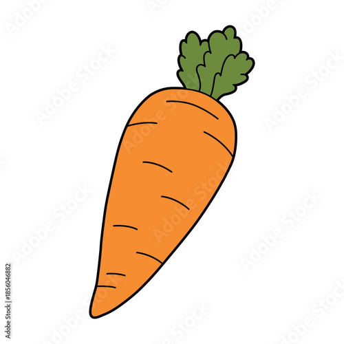 Bright cartoon carrot with green leaves, flat vector illustration with bold outlines. Isolated vegetable icon for healthy food designs, children illustrations, education, packaging, stickers and menus