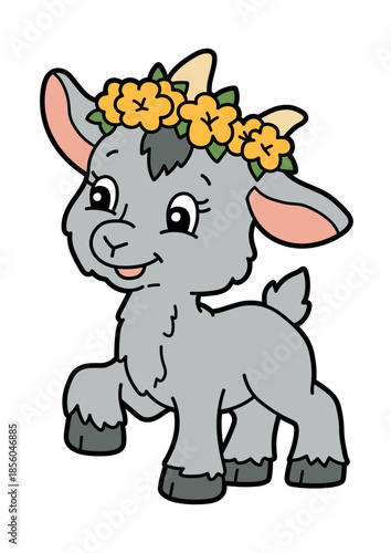 Cute cartoon baby goat with flower crown, smiling farm animal character in flat vector style. Isolated illustration for children designs, nursery art, stickers, educational materials and spring themes