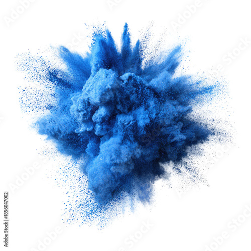 Abstract blue dust explosion on transparent background. Freeze motion of blue powder splash. Painted Holi in festival.