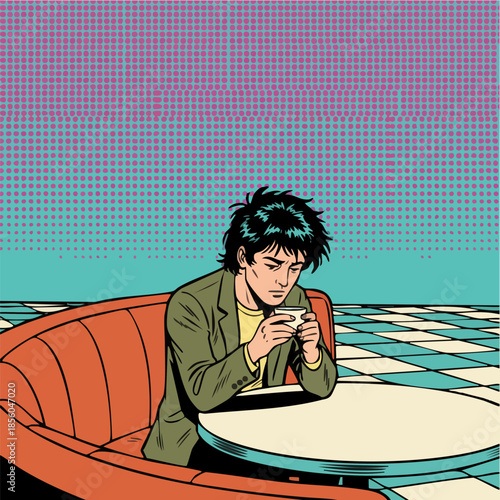 Pop Art Illustration of Man Sitting in Retro Diner Booth