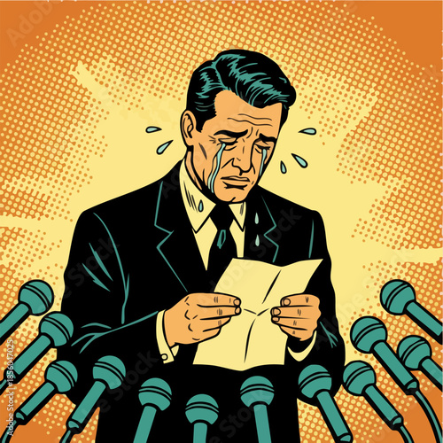 Sad Crying Man Reading Statement Surrounded by Media Microphones