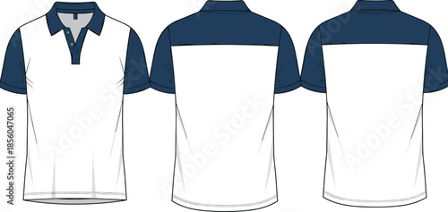 Men color block polo shirt fashion technical sketch showing front back views modern casual wear cad drawing flat vector illustration