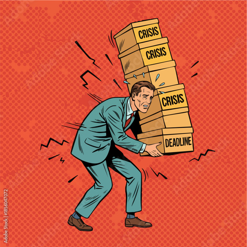 Stressed Businessman Carrying Heavy Boxes Labeled Crisis and Deadline