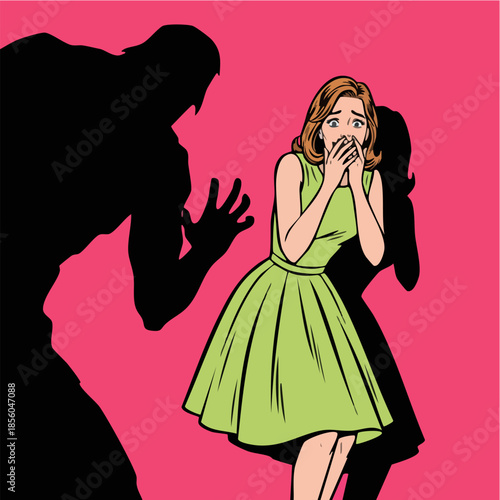 Pop Art Drawing of Frightened Woman Attacked by Menace