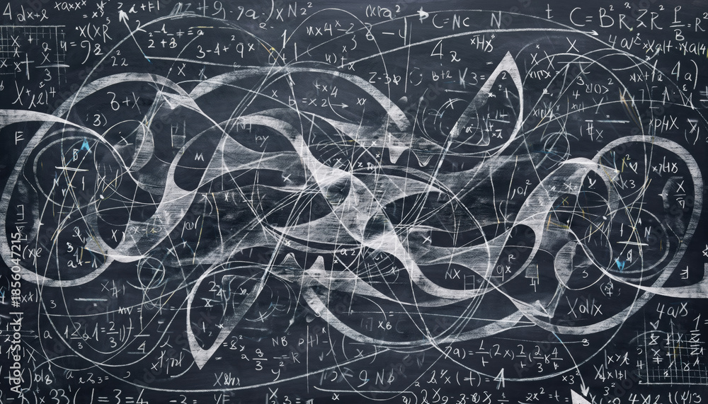 Obraz premium Stormy, chaotic math landscape of interwoven chalk marks on blackboard. An abstract background representing complex scientific theory, physics equations, and quantum mechanics