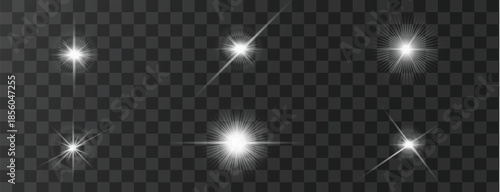 Sparkle and star icons set. Shiny glow effects and twinkle shapes isolated on transparent background