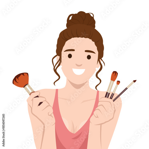 Smiling Woman Holding Makeup Brushes. Flat vector illustration isolated on white background