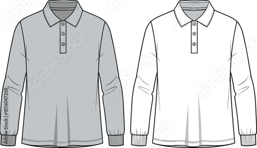 Men long sleeve polo shirt fashion technical sketch showing front views with ribbed cuffs casual wear cad drawing flat vector illustration